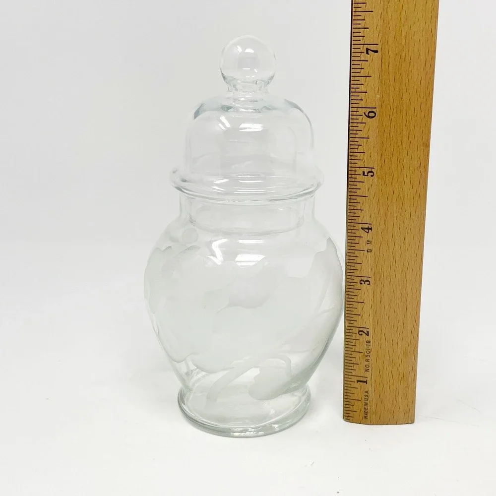 Glass Apothecary Jar 6.75 Inches Clear Excellent Frosted Floral Etched Lid